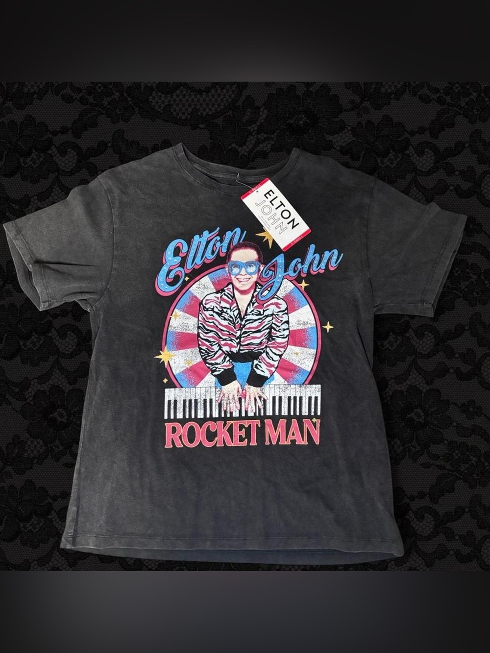 NWT Elton John Rocket Man Graphic Tee XS Acid Wash Charcoal Grey Band Shirt New
